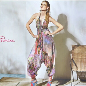 MARIAGRAZIA PANIZZI RARE Artsy Floral Strappy Faux Leather Harem Jumpsuit Romper